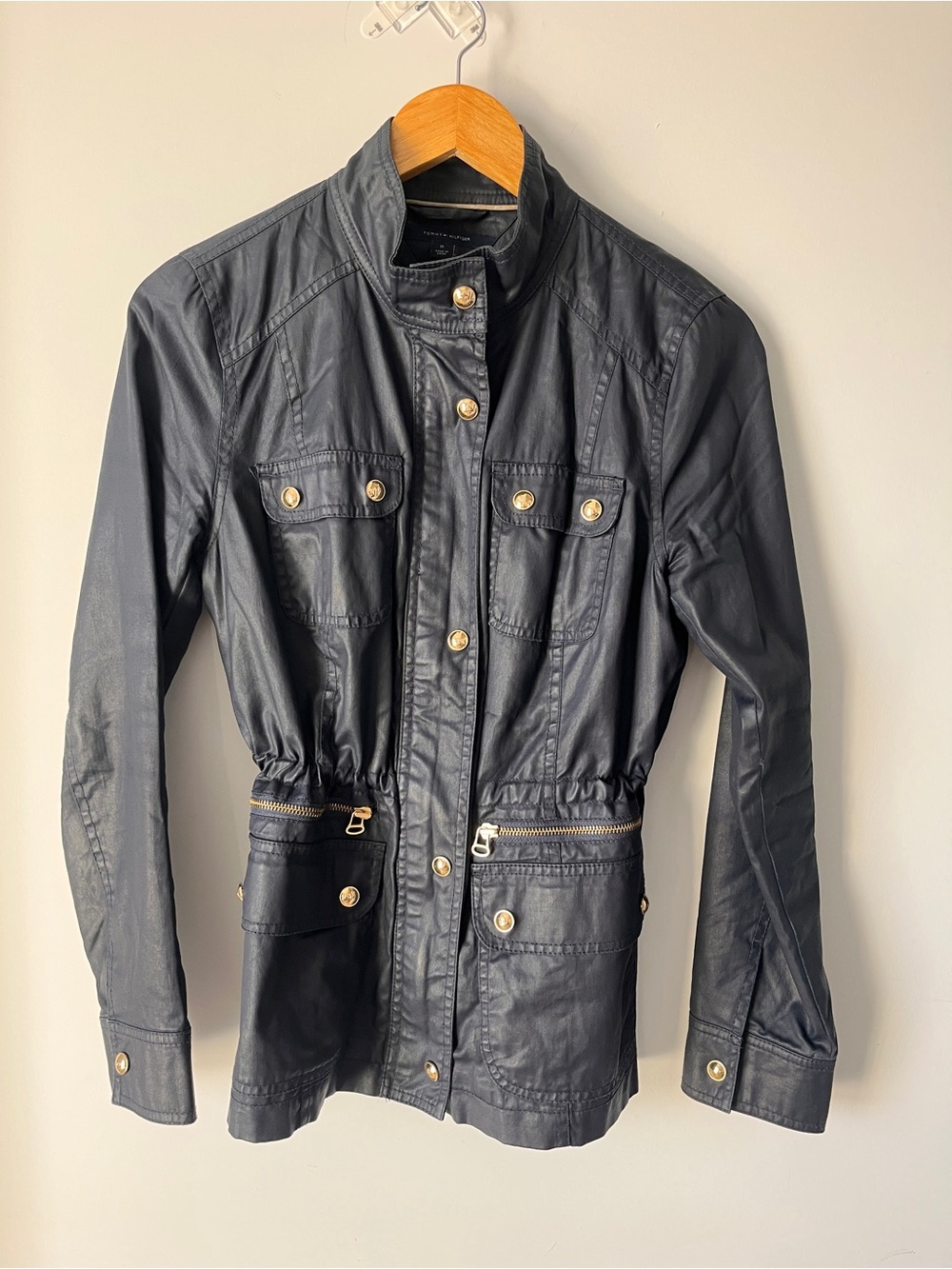 Tommy Hilfiger Navy Wax Cotton Jacket Gold Snap & Zip Trim- Sz M - Utility